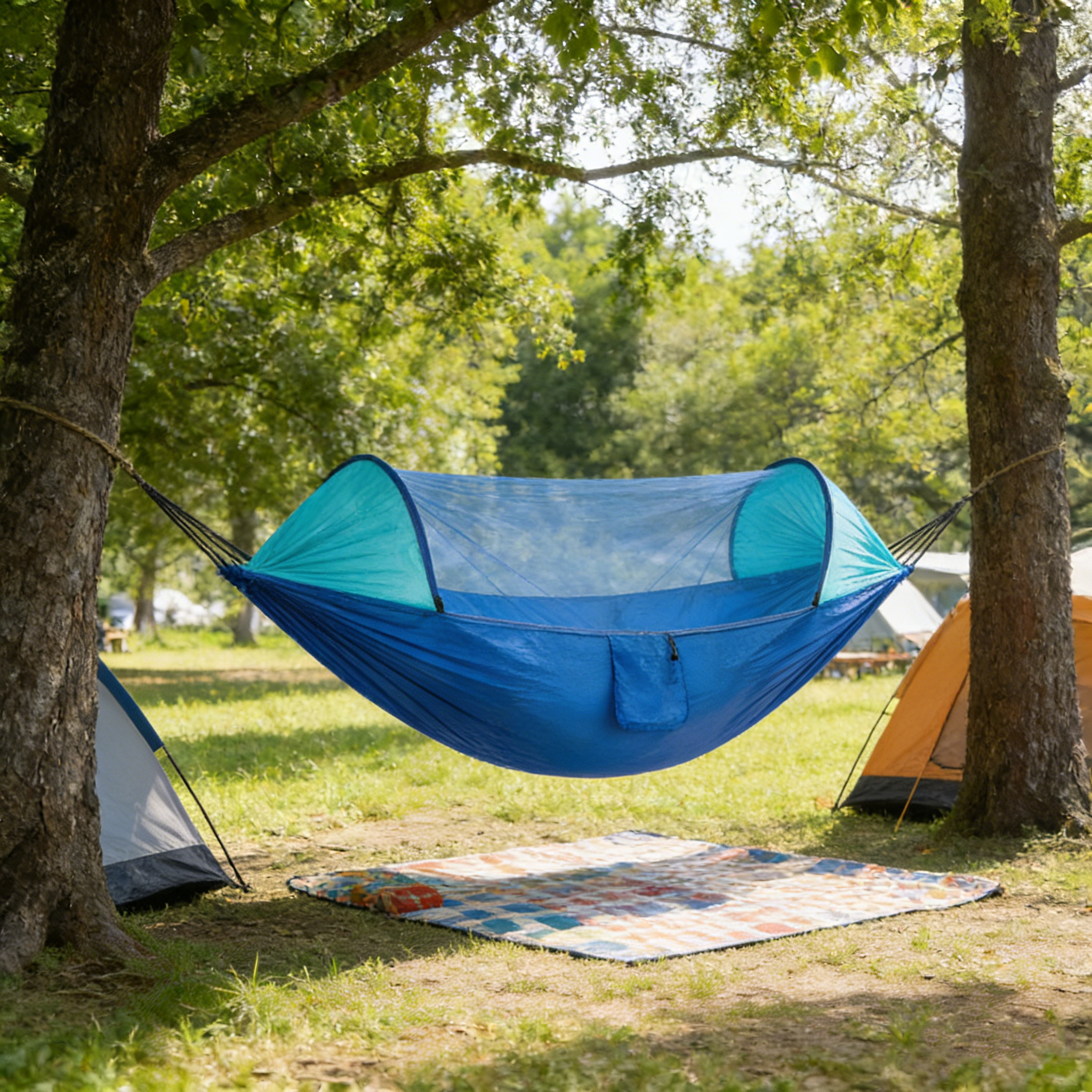 Portable Parachute Fabric Hammock with Steel Stand, 3 m Tree Straps, 440 lbs Capacity