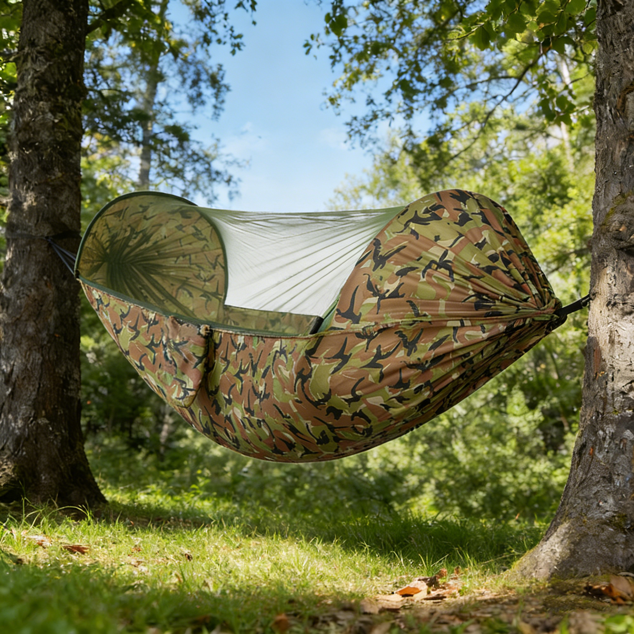 Portable Parachute Fabric Hammock with Steel Stand, 3 m Tree Straps, 440 lbs Capacity