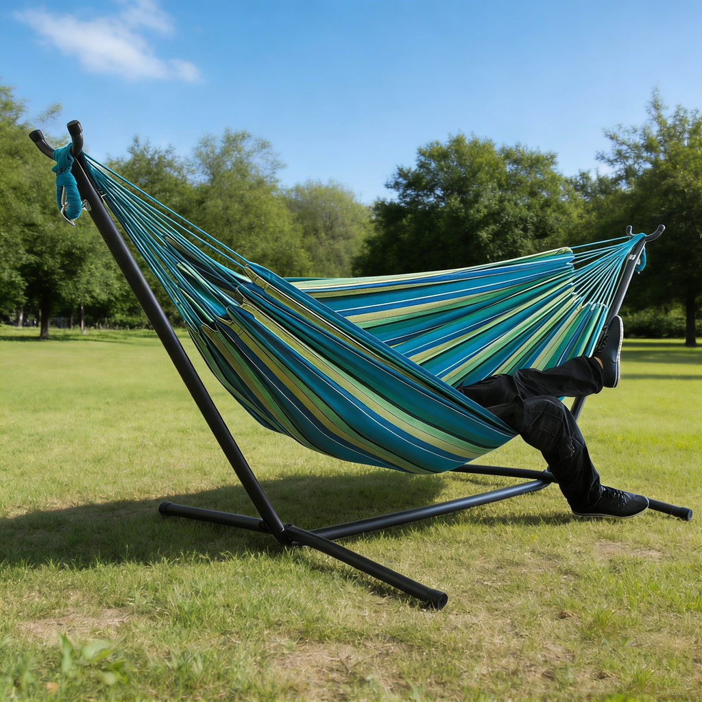 Canvas Hammock with Iron Stand & Carrying Bag, Striped Design